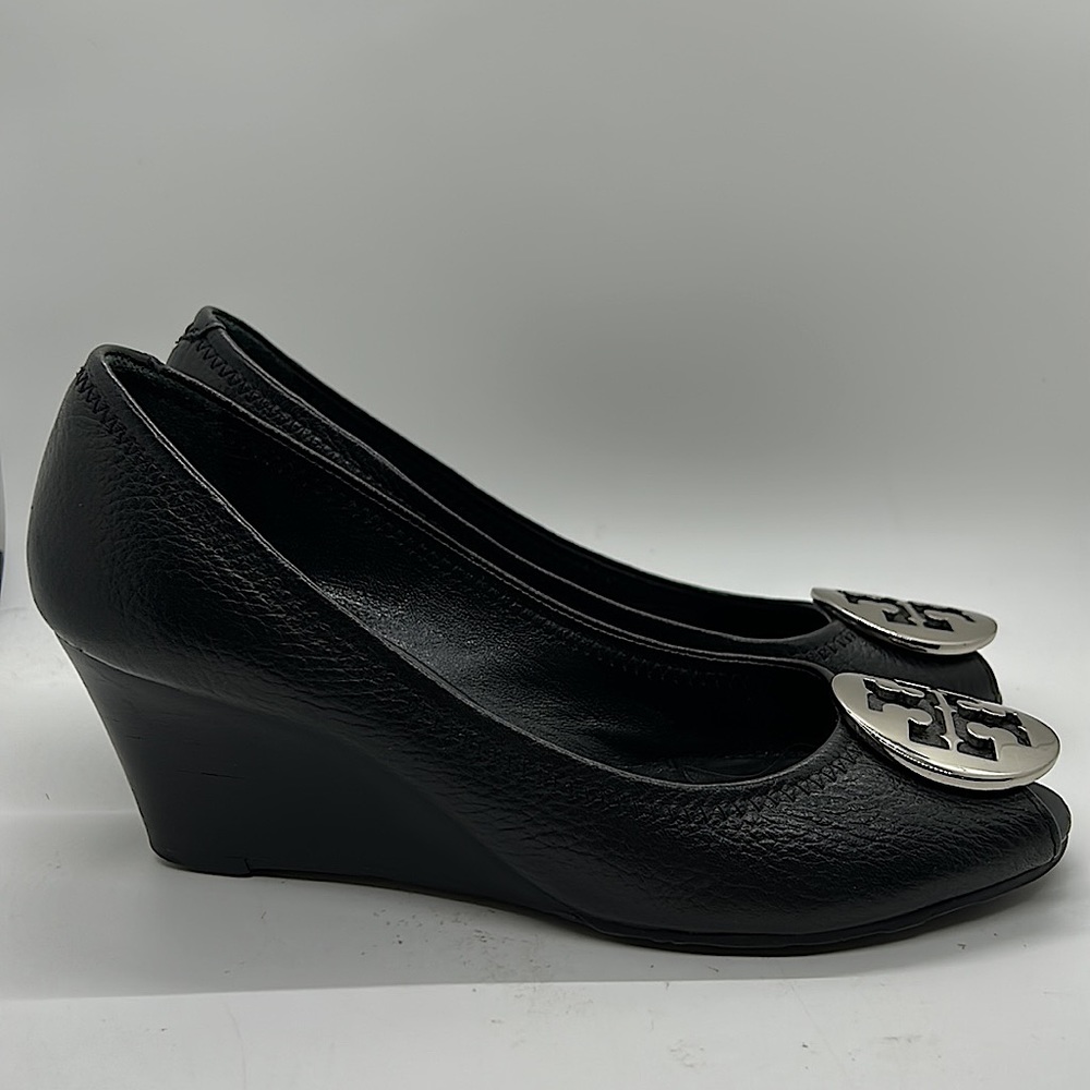 Tory Burch Sexy Black Leather Peep Toe Wedge Heels Shoes **Size 6.5** 🔥🔥 - Picture 5 of 10